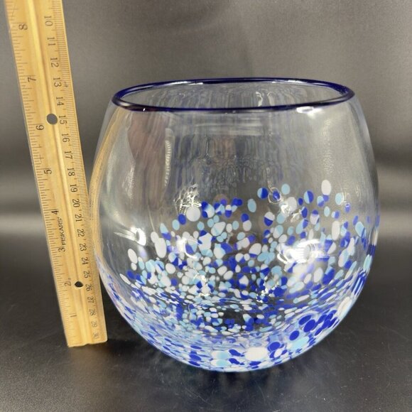 Hand Blown Large Glass Bowl Dish Round Clear Edges With White Blue Dots All Over - Picture 3 of 10